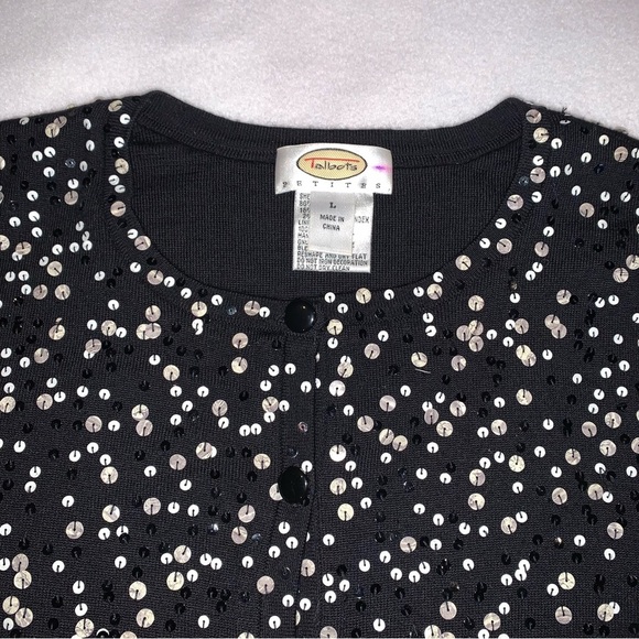 Talbots Cardigan Sweater Women's M Black Merino Wool Sequin Long Sleeve - Picture 2 of 8